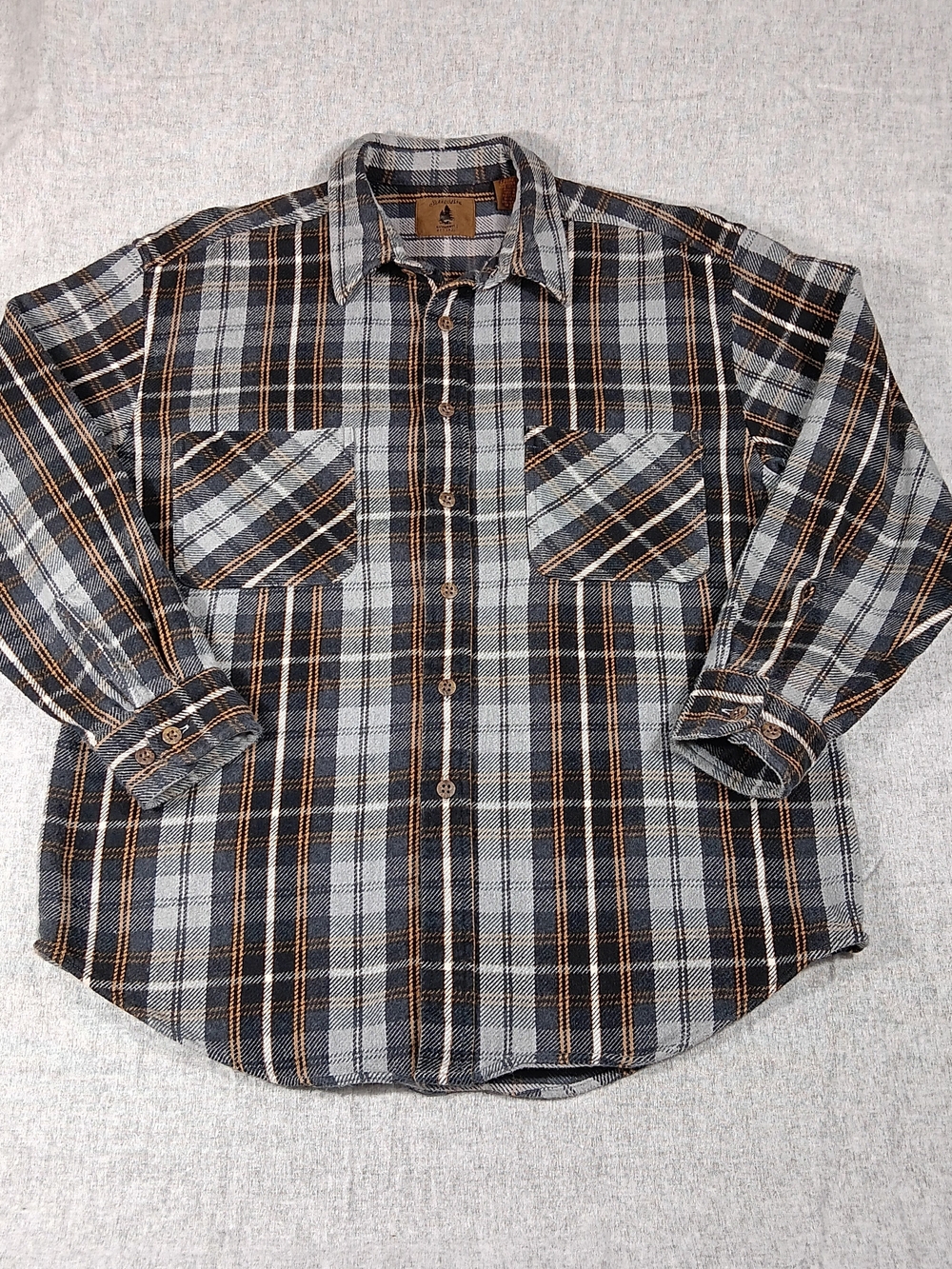 VTG St. John's Bay Black Gray  Brown Flannel Plaid Button-Down Shirt Size L